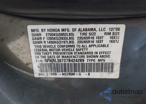 2007 Honda Odyssey Ex-L from USA, damaged, VIN 5FNRL38727B424289